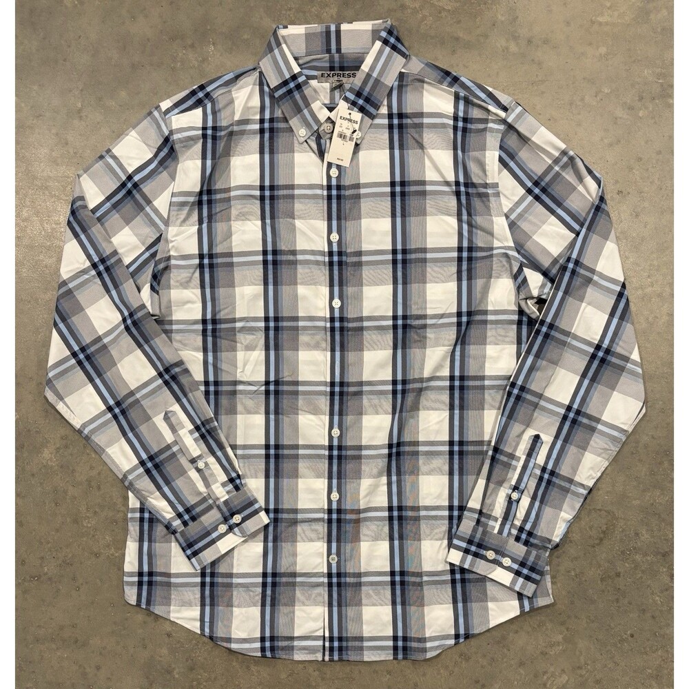 NWT Express Mens Fitted Performance Long Sleeve Button Up Plaid Shirt Large